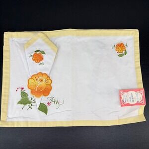 Vintage Handmade Placemat Napkin Set 8pc Floral Embroidered White Yellow Cotton